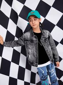 Tween Boy Front Button Long Sleeve Pocket Distressed Casual Denim Jacket - Black - View 3