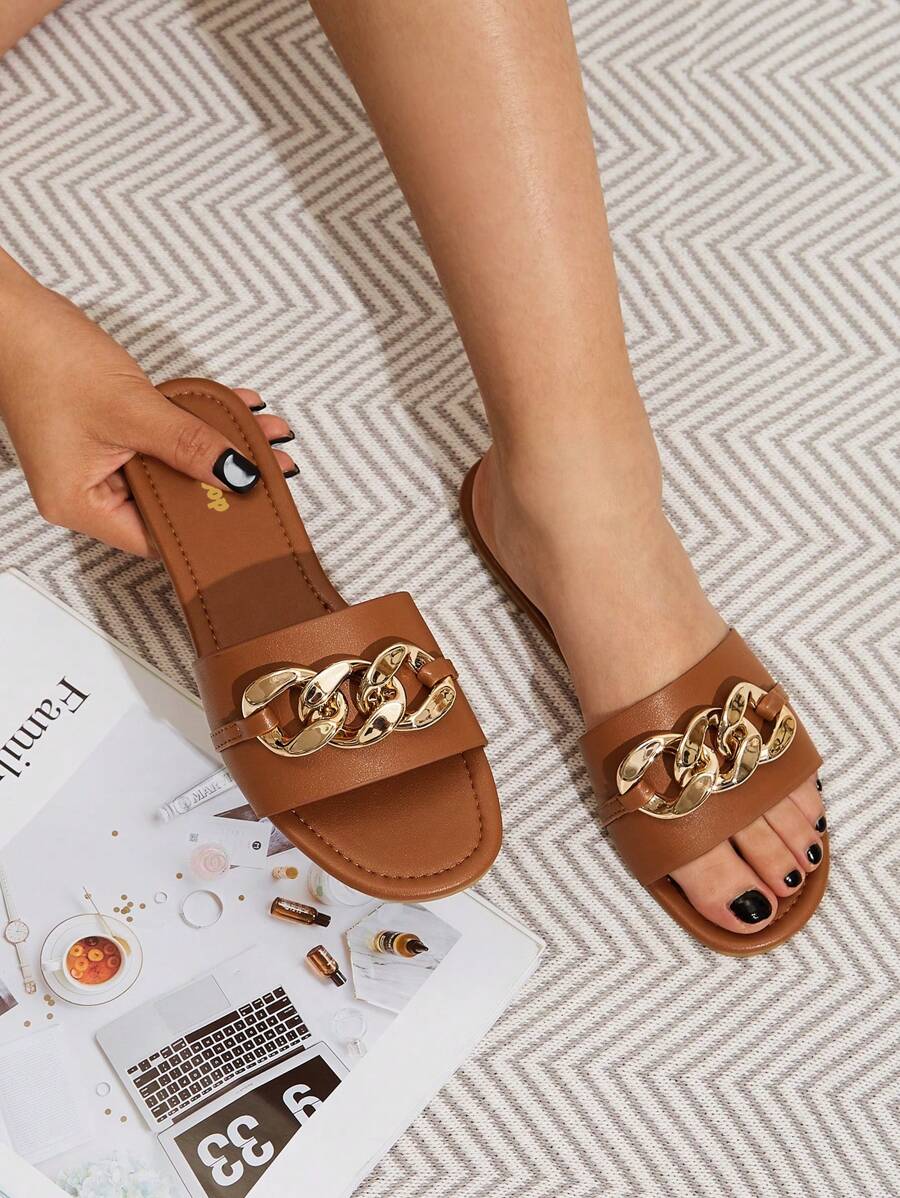Styleloop Elegant Outdoors Flat Slippers For Women, Chain Decor Plain Artificial Leather Open Toe Slide Sandals Spring Shoes Spring Break Easter - Camel - View 1