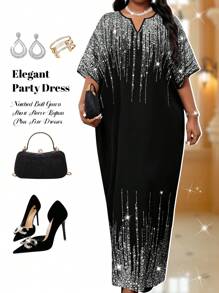 Fleurora Spring And Summer Autumn And Winter Elegant Party Commuting Office Colorful Woven Notched Ball Gown Short Sleeve Kaftan Dress Plus Size Dresses - Silver - View 1