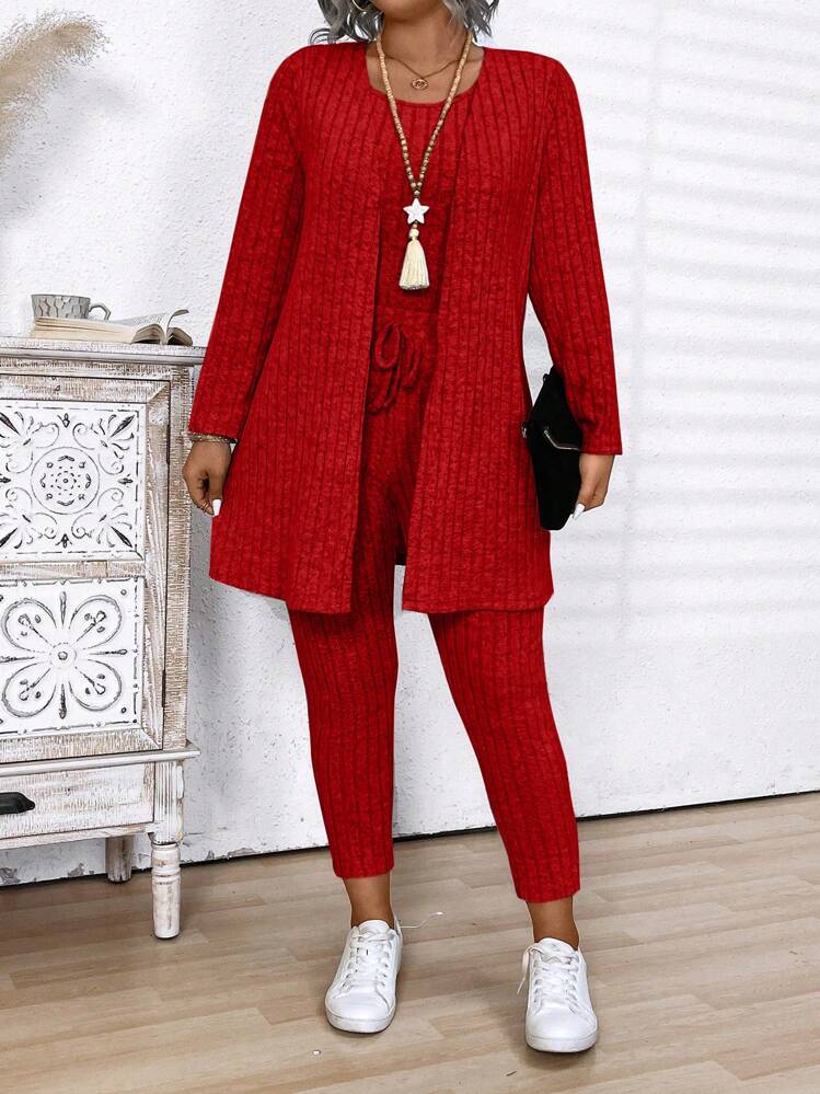 Plus Size Simple Long Sleeve Top And Pants Casual Set - Red - View 1