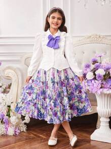 2pcs/Set Tween Girls Ruffle Bow Tie Blouse And Butterfly Print Pleated Skirt - Multicolor - View 1