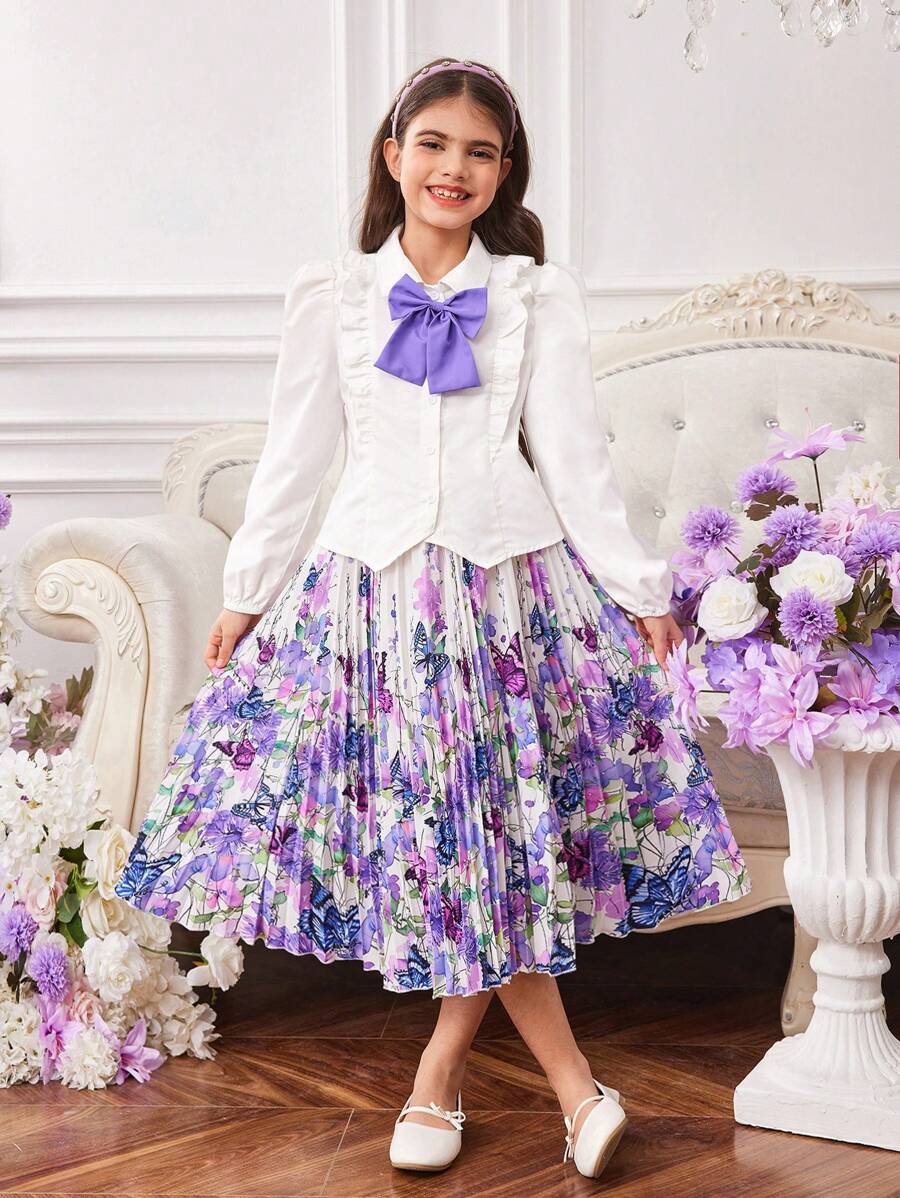 2pcs/Set Tween Girls Ruffle Bow Tie Blouse And Butterfly Print Pleated Skirt - Multicolor - View 1