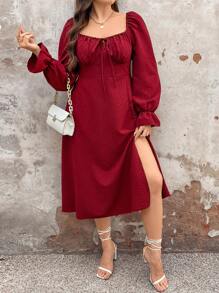SHEIN Unity Sweet Square Neck Puff Sleeve Waist Flared Hemline Split Dress Fall Cloth For Women - Multicolor - View 5