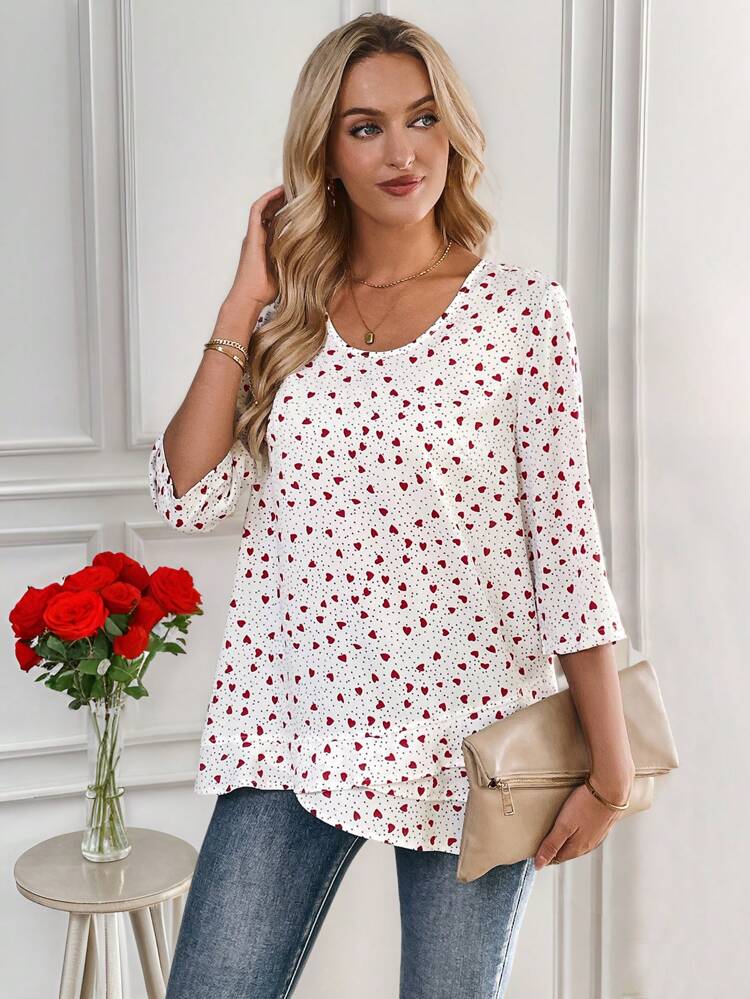 Valentine's Day Women's Heart & Polka Dot Print Indonesia Round Neck 3/4 Sleeve Casual Shirt