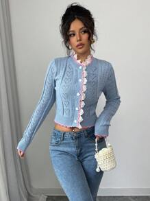 Islaluna Contrast Color Lace Splicing Knit Cardigan Sweater Jacket, With Heart Graphic For Valentine's Day Gift - Dusty Blue - View 6