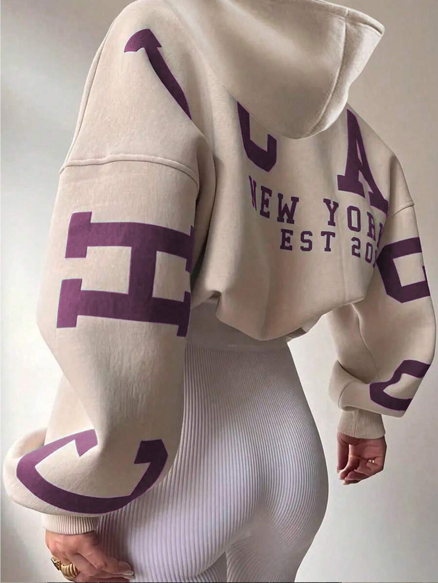 INAWLY 女士休闲字母印花宽松连帽卫衣，适合秋季日常穿着，毕业季、返校季、教师节等场合，返校季套头衫秋季卫衣 - 杏色 - 查看 1