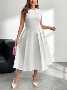 SHEIN Privé 大码女式优雅简约精致时尚通勤和休闲约会裹腰褶皱 A 字中长连衣裙，白色，春夏 - 白色 - 查看 1