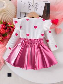 2pcs/Set Baby Girl Long Sleeve Round Neck Cap Sleeve Heart Print Top & Pink Skirt, Casual Outfit, Autumn - Pink - View 2