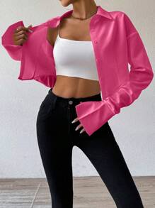 Chiquease 不对称褶皱袖前扣超短衬衫上衣 - 粉色 - 查看 6