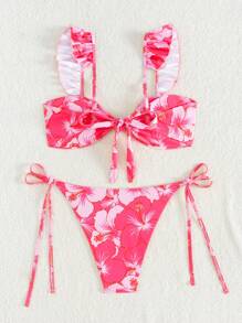 Springbreak 女士泳衣夏季海滩多色随机花卉印花荷叶边扭结可爱比基尼套装 - 粉色 - 查看 5
