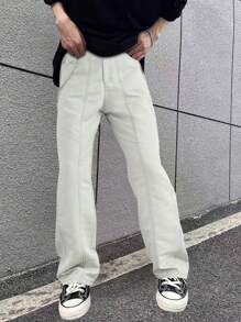 Manfinity EMRG 男士纯色前扣口袋休闲长裤，日常穿着 - 淺灰色 - 查看 7