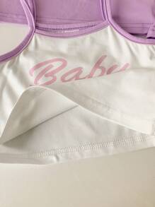 4 件套女婴幼儿 0-3 岁休闲百搭双色撞色白紫色针织吊带背心和短裤套装 - 紫色 - 查看 8