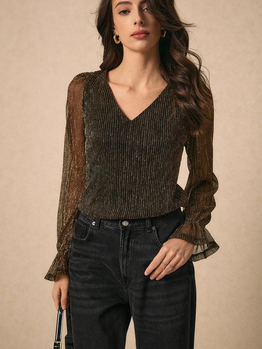 Poéselle 荷叶边袖闪光上衣派对单品 - 黑色和金色 - 查看 1