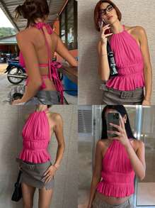 SHEIN EZwear Crop top sexy con espalda descubierta y diseño fruncido con lazo en el cuello - Rosa Fucsia - Ver 4