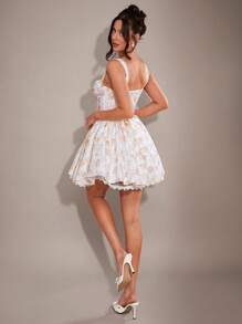 SHEIN BAE Women's Elegant Solid Black Short Sleeve Zippered Fitted Dress With Pleated, Simple And Sweet Style - White - View 2