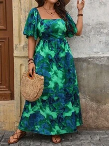 SHEIN CURVE+ 大码女式花卉印花方领荷叶边袖褶饰连衣裙