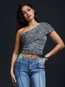 SHEIN Unity One Shoulder Sweater Knit Top Simple Fashionable Daily Casual - Black - View 4