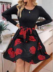 EMERY ROSE 女士情人节玫瑰印花拼布中长连衣裙 - 彩色 - 查看 6