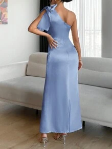 EURMUSE Váy satin chi tiết thắt nơ màu chimpagne - Màu xanh nhạt - Xem 2