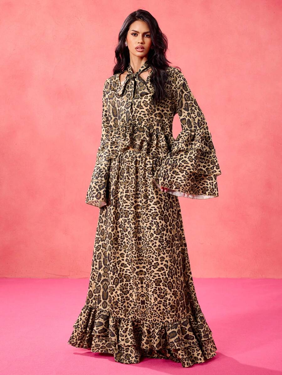 Taranthola Designer Animals Leopard Printed Sheer Chiffon Ruffle Low Waist Long Skirt Cheetah Skirt, Spring & Summer, Festival - Brown - View 1