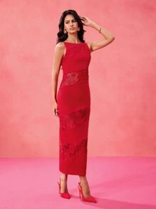 Yelly Gray Designer Red Contrast Lace Backless Summer Elegant Dress Festival, Wedding, Prom Dress - Red - View 4