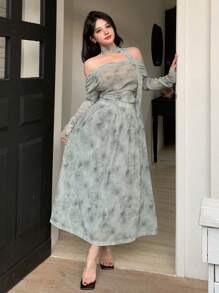 DAZY 两件套女士全印花褶皱系领衬衫和A字裙，秋季女装复活节 - 杏色 - 查看 6