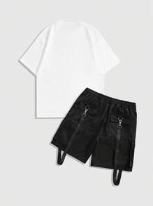 ROMWE MEN Street Life Men's Round Neck Short Sleeve Printed Minimalist Top And Shorts Set - Black - View 2