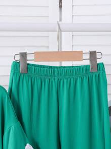 SHEIN 2pcs/Set Tween Girl Colorblock Crew Neck T-Shirt & Casual Long Pants Set - Green - View 3