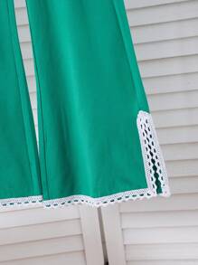 SHEIN 2pcs/Set Tween Girl Colorblock Crew Neck T-Shirt & Casual Long Pants Set - Green - View 4