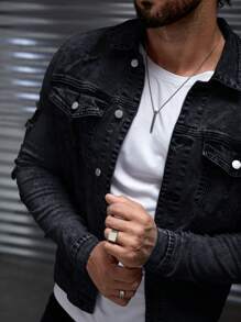 Manfinity VCAY 男士前扣长袖口袋简约休闲牛仔夹克