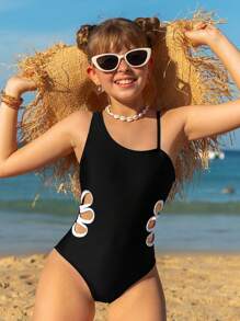 SHEIN Tween Girl One-Piece Swimsuit, Cute Hollow Out Vacation One Piece Swimsuit