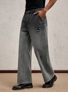 SHEIN X ELOISA & ORSON AKNOTIC Party Jeans casuales de cintura media larga y pierna recta tejidos para hombres, adecuados para combinar a diario, para rave