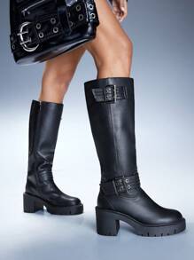 CUCCOO GRLICON Damen Y2K Punk Stil Overknee Stiefel, geeignet für Motorrad, coole Mädchen, Halloween, Weihnachten, Party Outfits - Schwarz - Übersicht 6