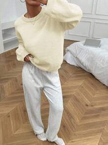 SHEIN Unity Women's Solid Color Round Neck Long Sleeve Simple Casual Pullover Sweater - Apricot - View 1