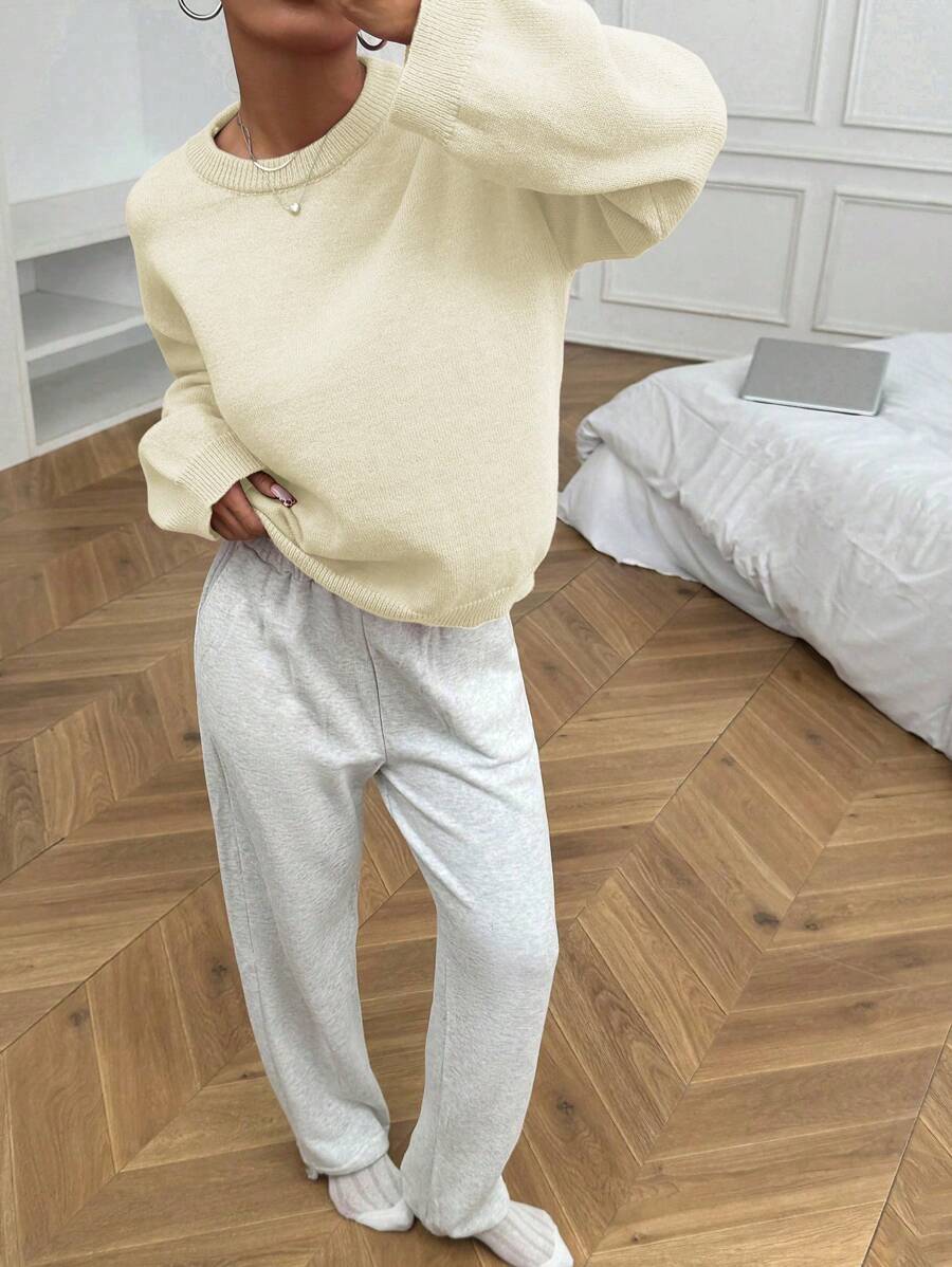 SHEIN Unity Women's Solid Color Round Neck Long Sleeve Simple Casual Pullover Sweater - Apricot - View 1