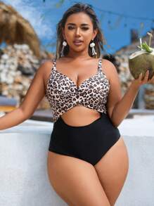 Slaydiva Plus Size Women's 1-Piece Sexy Underwire Casual Holiday 3D Leopard Print Crisscross Strap Swimsuit For Summer Beach Vacation