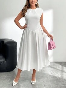 SHEIN Privé 大码女式优雅简约精致时尚通勤和休闲约会裹腰褶皱 A 字中长连衣裙，白色，春夏 - 白色 - 查看 4