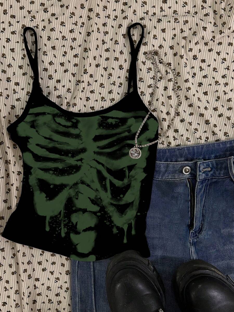 Attitoon 女士休闲骷髅图案性感吊带紧身背心，适合夏季 - 白色 - 查看 1