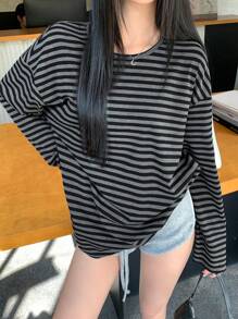 DAZY Loose Striped Color-Block Panel Long Sleeve Long Tee For Women Preppy Tops,Fall Women Clothes - Grey - View 9