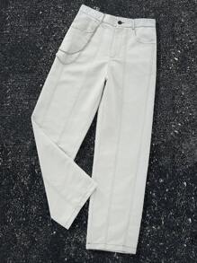 Manfinity EMRG 男士纯色前扣口袋休闲长裤，日常穿着 - 淺灰色 - 查看 6