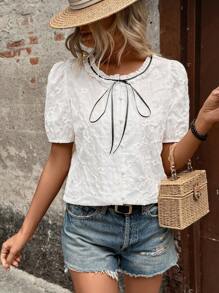 SHEIN LUNE Women's Bowknot Puff Sleeve Lace Jacquard Tied Casual Office Blouse Shirt - White - View 5