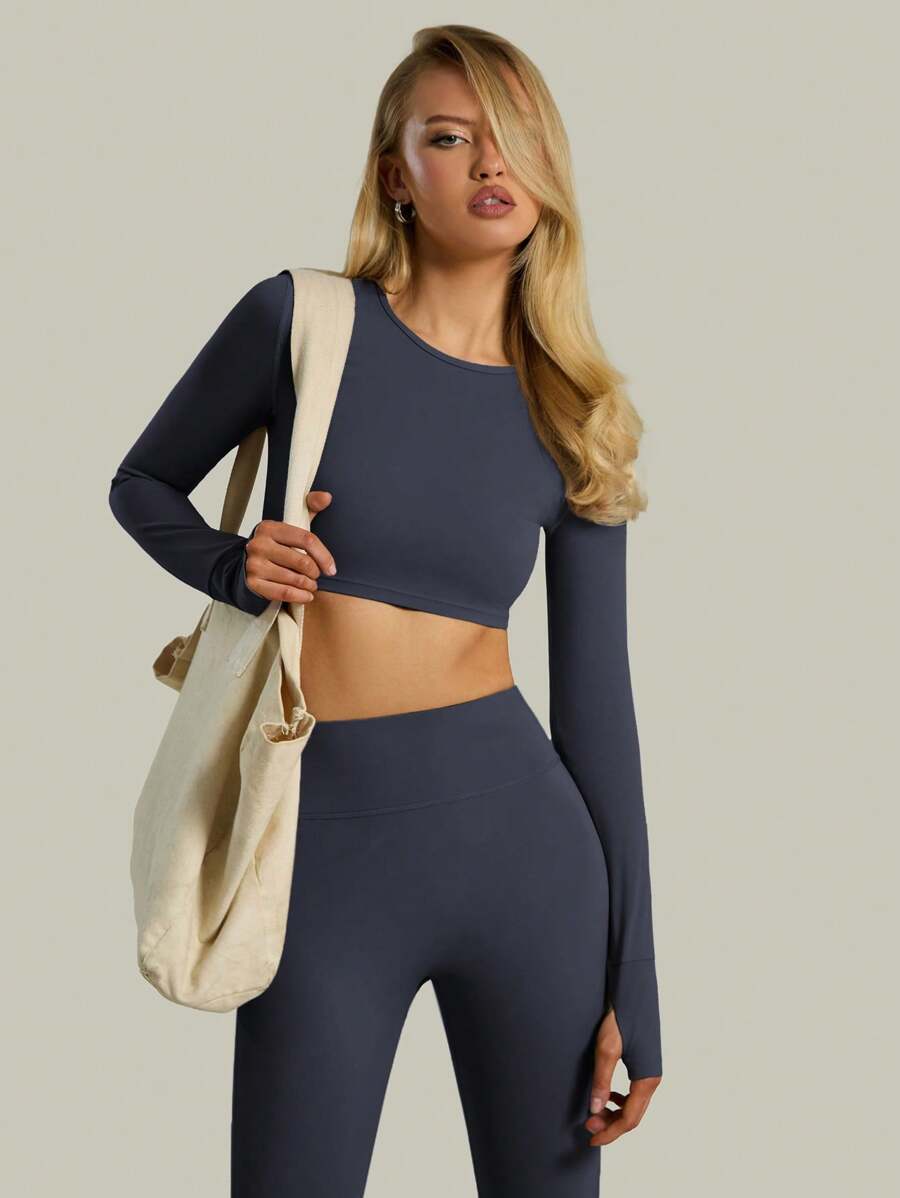 Musera Sport 长袖短款拇指细节运动上衣，适合板网球、网球、泡菜球等健身运动 - 霧霾藍 - 查看 1