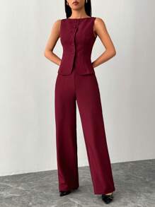 SHEIN PETITE Women's Solid Color Round Neck Single-Breasted Vest And Pants Elegant Commuter Suit, Summer Fall Women Clothes Women Set Office Wear Business Casual Women Two Pieces Outfits Fall Women Office Wear Women Set Women Blazers Set
