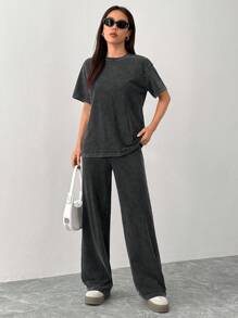 SHEIN PETITE Spring And Summer Home Casual Round Neck Short-Sleeved T-Shirt + Straight Trousers, Old Washed, Fried Snowflakes Loose Suit