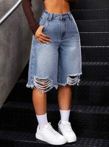 SHEIN ICON 女士休闲破洞牛仔短裤 - 深色水洗藍 - 查看 3