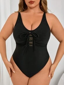 SHEIN Swim Traje de baño de una pieza talla grande para mujer con decoración metálica y fruncido delantero, casual/vacaciones/fiesta, para playa y verano