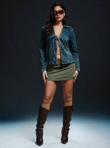 Denimoi Tie Front Washed Denim Top Simple Fashionable Daily Casual - Dark Wash - View 2