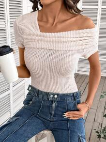 SHEIN LUNE Women's Plain Asymmetric Neck Ruched Short Sleeve T-Shirt - Apricot - View 4
