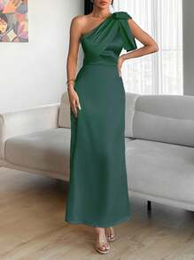 EURMUSE Chimpagne Color Tie Detail Satin Dress - Dark Green - View 3