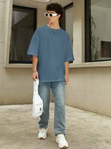 Manfinity Hypemode Loose Fit Men's Solid Color Round Neck Drop Shoulder T-Shirt - Dusty Blue - View 7